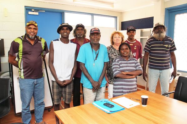 Maningrida Local Authority members Matthew Ryan, Marcus Pascoe, Steven Milaidjaidj, Chairperson Baru Pascoe, Catherine Wales, Deputy Chair Bernadette Yibarbuk, Steven Wilson and Charlie Gunabarra at the first official meeting on Wednesday 16 July.