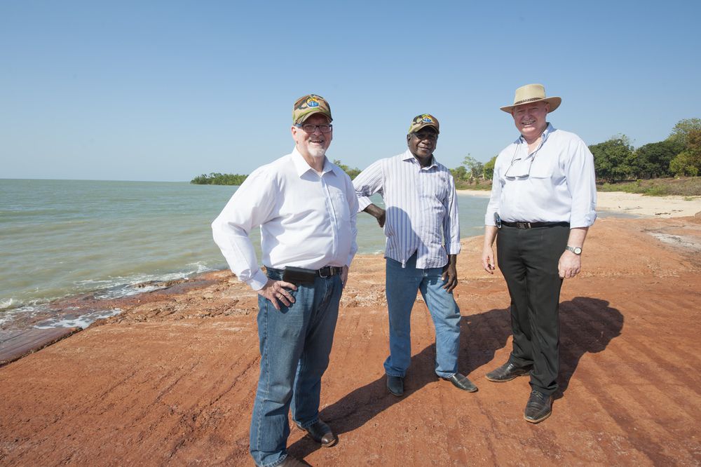 At the existing Maningrida barge landing are (left to right) Deputy Chief Minister Peter Chandler, Local Member for Arafura Francis Xavier Kurrupuwu and Minister for Transport and Infrastructure Peter Styles.