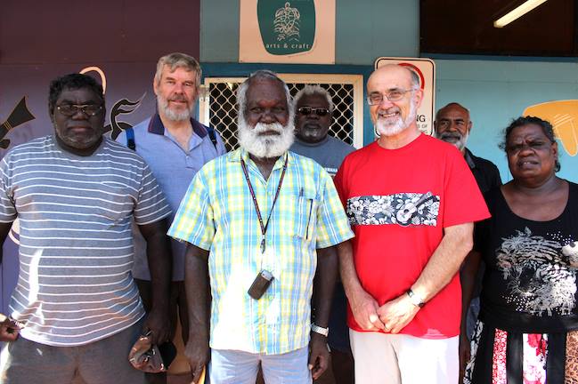 Left to right: Jonah, Rev. Steve Orme, Pastor Billy Nawaloinba, Richard, Rev. Dr William Emilsen, Ida and Nancy in front of aWMardbalk Arts and Culture on their recent visit to Warruwi.