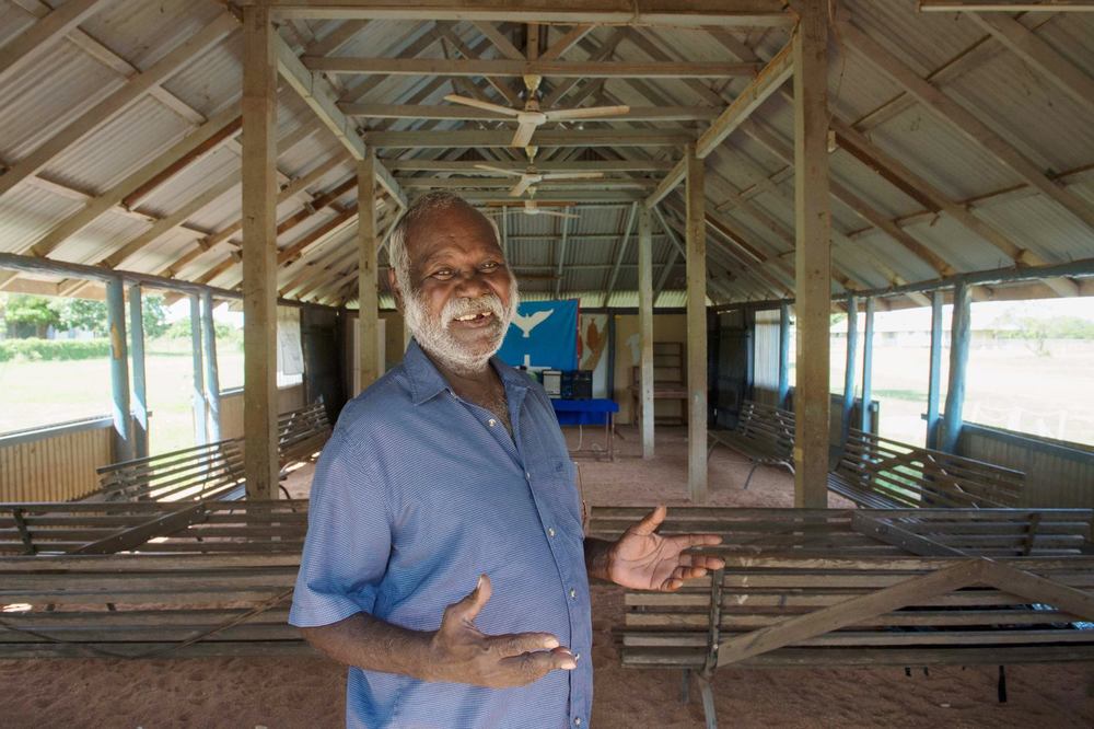 Pastor Billy standing in the Warruwi Uniting Church on Goulburn Island. The church was established by the first missionaries in 1916. This photo was taken by photographer Ian Oswald Jacobs on his visit earlier this year.