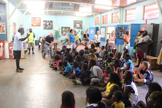 Banug at Mardbalk Arts and Culture talking to Warruwi Community School students about becoming artists in the future.